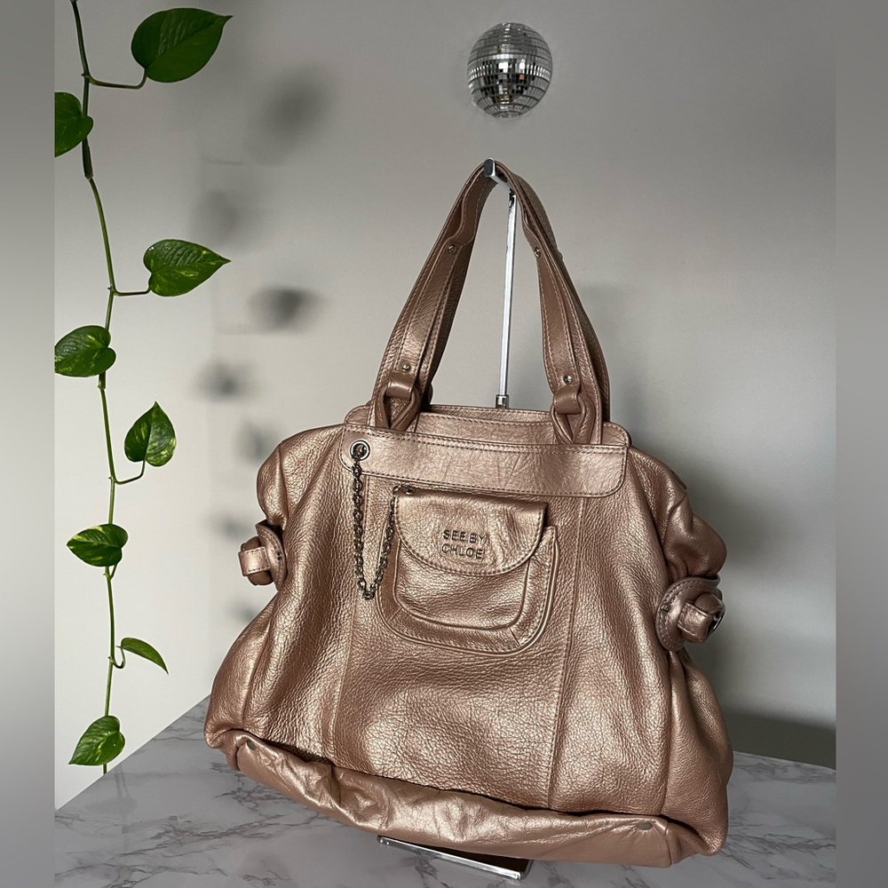 See By Chloé Metallic Rose Gold Leather Satchel Handbag Slouchy Tote Bag Vintage